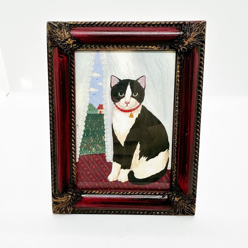 Vintage "Wood" Framed Tuxedo Cat Postcard Art Cottagecore